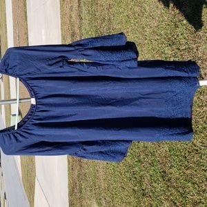 HoneyMe Navy Blue Mini Dress Bell Ruffle Sleeves, Floral Embroidery Small